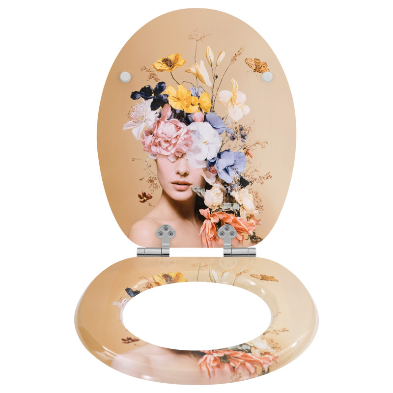 Toilet Seat With Soft-Close Mechanism, Wood, Toilet Seat, O-Shape With Hinges, Quick Release Function For Easy Cleaning, Flower Goddess Motif