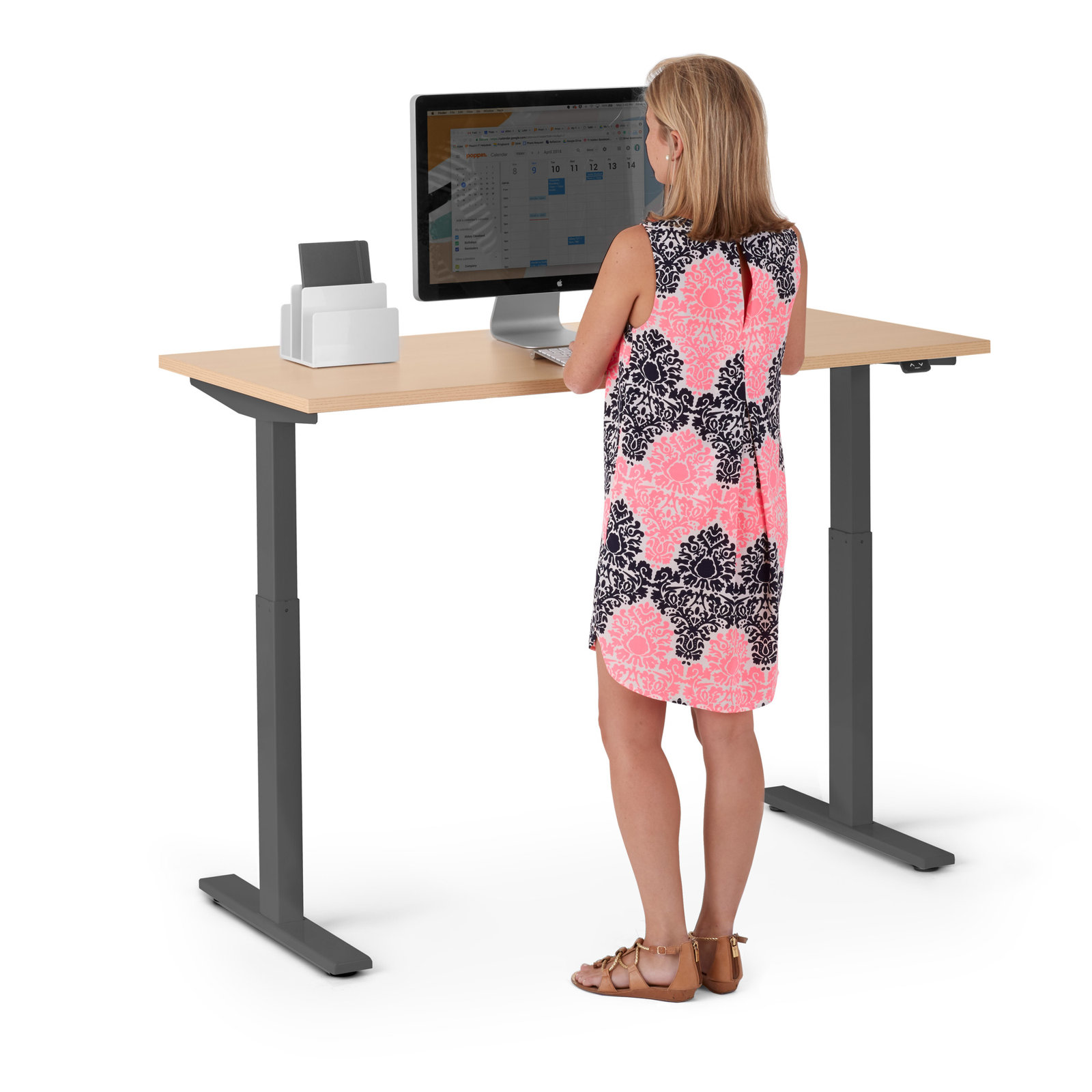 Series L Adjustable Height Standing Desk, Natural Oak/Charcoal, 48" H x 47.25" W x 27" D