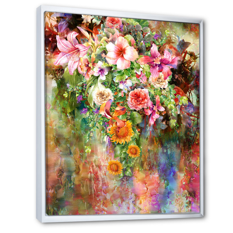Grunge rose vert fleurs d'été VI - Art mural sur toile traditionnel, H 12 po x l 8 po x P 1 po, Cadre flottant blanc