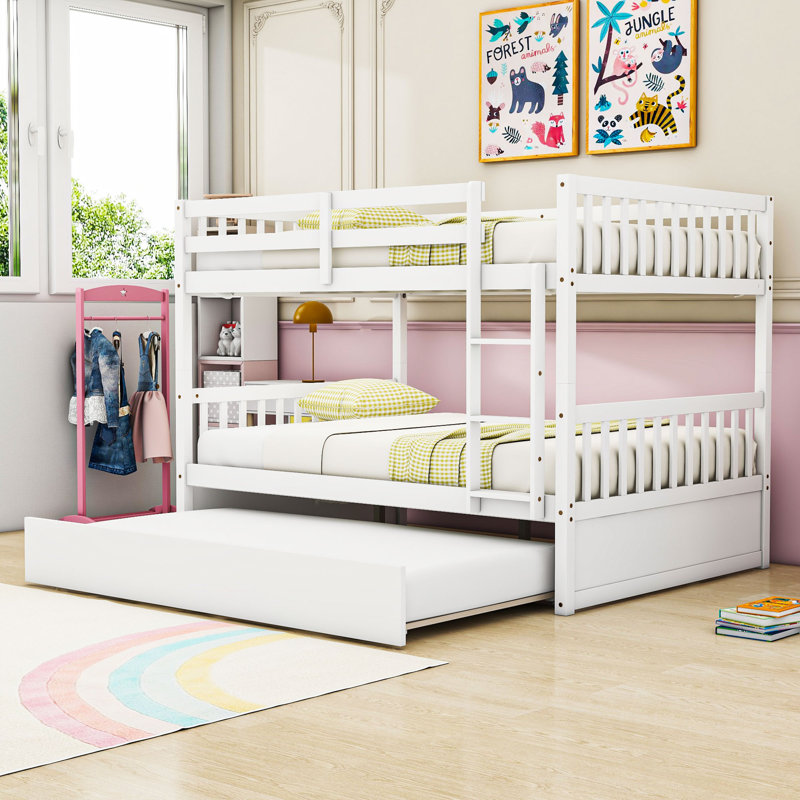 Katasia Rustic Full Over Full Wood Bunk Bed With Twin Trundle, White
