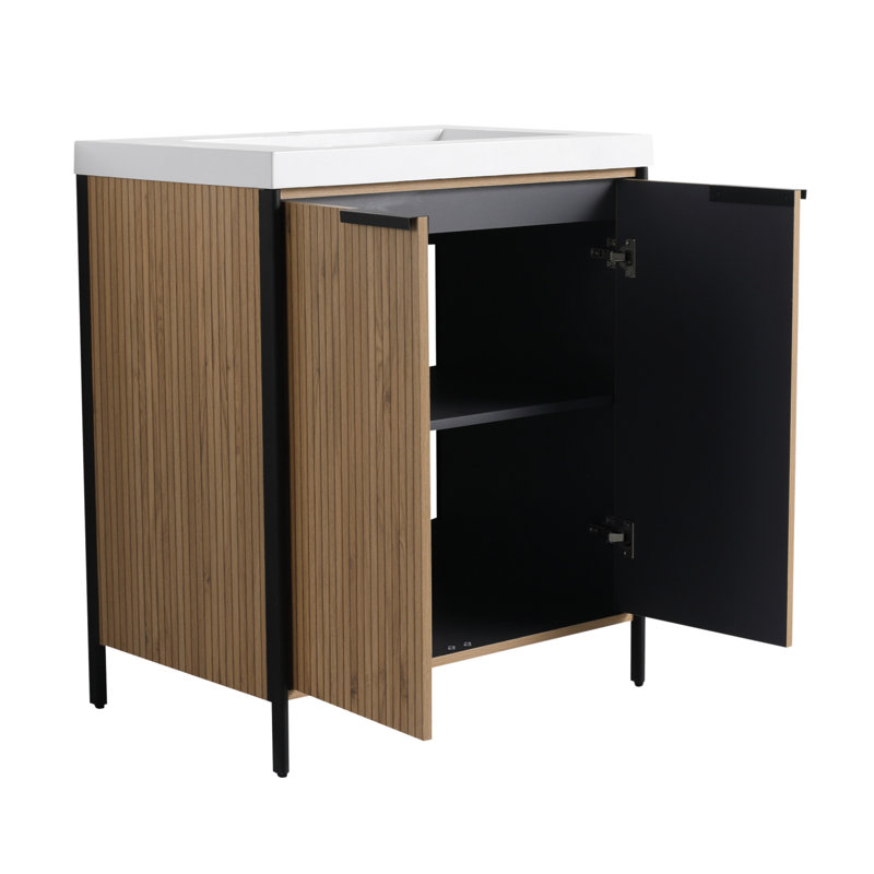 Meuble-lavabo autoportant de 30 pouces avec lavabo en résine et portes à fermeture douce pour un rangement élégant