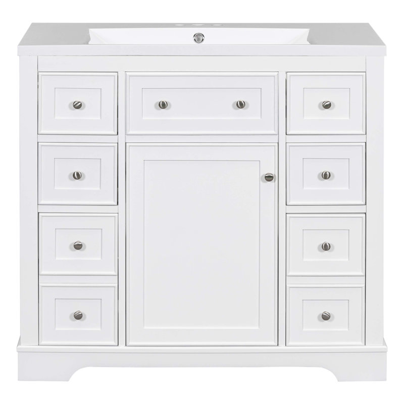 Ensemble de meuble-lavabo 36 po avec lavabo, une armoire et six tiroirs, bois massif et panneau de fibres à densité moyenne