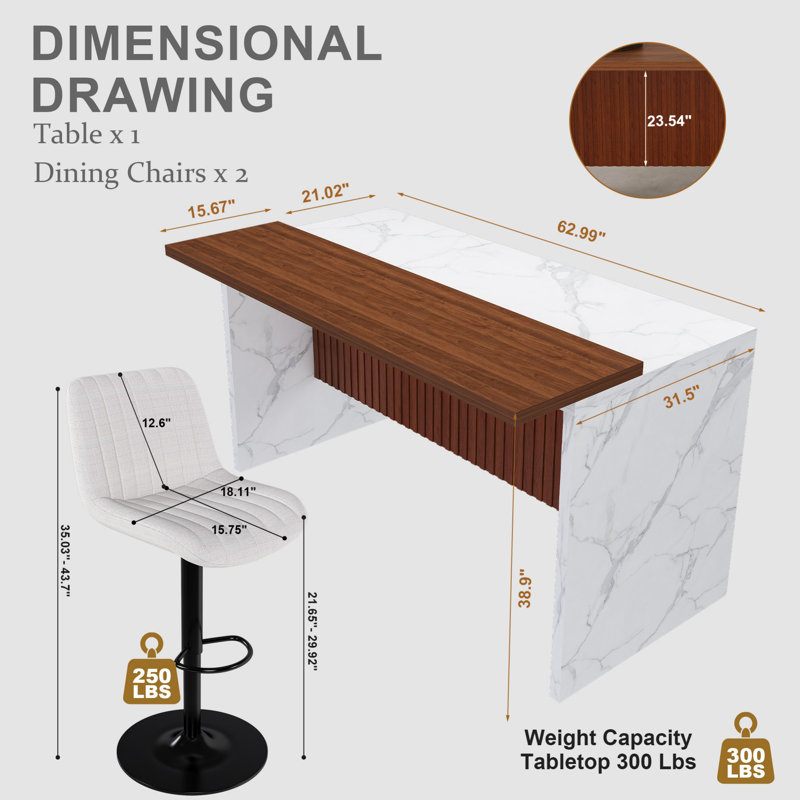 Ensemble de table de salle à manger avec deux tabourets de bar, conception d'éclairage DEL pour la salle à manger, White