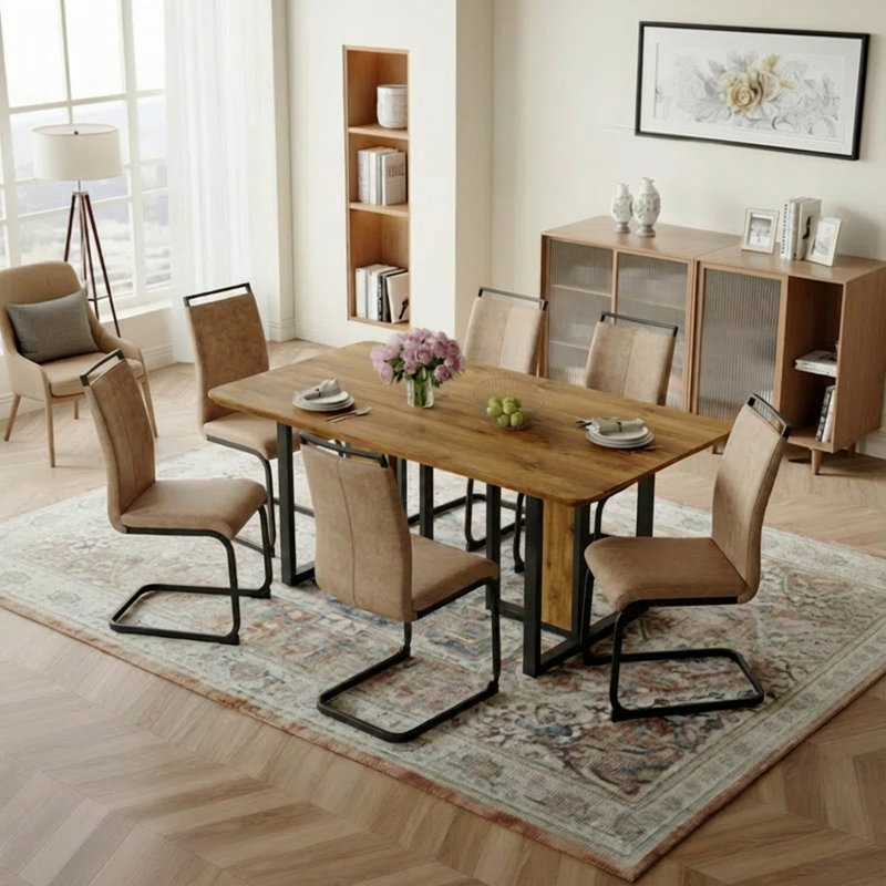 CasaMod Modern Industrial Rectangular Dining Table Set with 6 Upholstered Cantilever Chairs