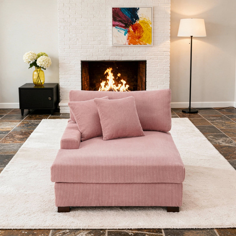 Milbrey Oversized Upholstered Chaise Lounge with Armrests & Throw Pillows, Left Hand Facing, Pink, Corduroy