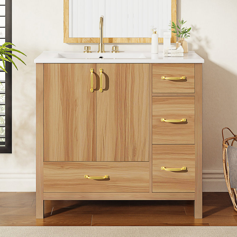 Meuble-lavabo de salle de bain avec 2 portes à fermeture douce, 4 tiroirs à fermeture douce