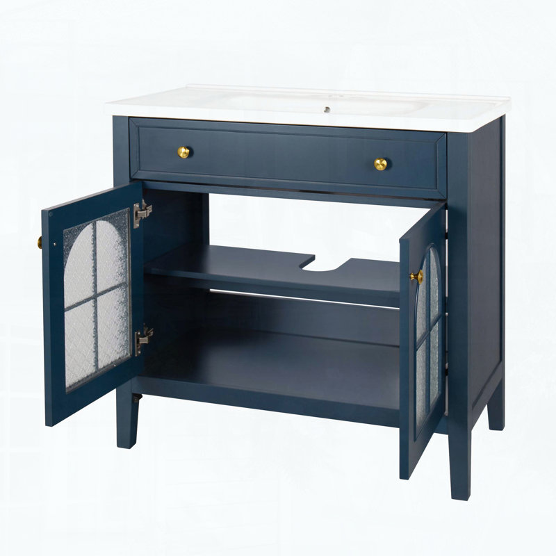 Meuble-lavabo Mid-Century avec capteur de mouvement et verre à motif, bleu, Bleu