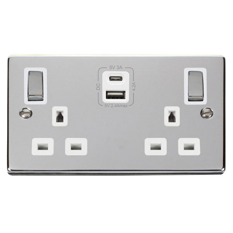 Polished Chrome 2 Gang 13A DP Ingot Type A & C USB Twin Double Switched Plug Socket