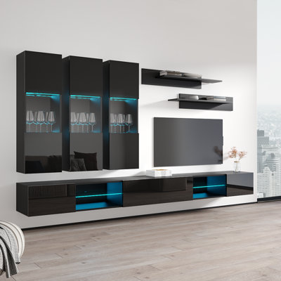 126" Modern Floating Wall Mounted Entertainment Center with 16-Color LED Lighting, High Gloss Finish