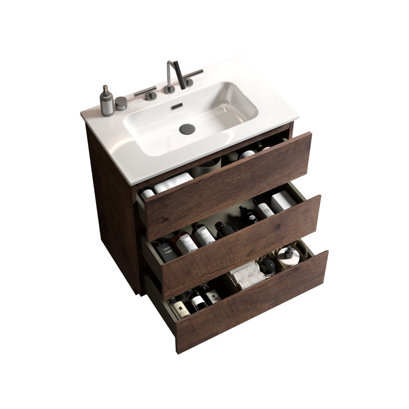 Meuble-lavabo de 30 po en noyer. Vaste rangement intérieur, fonctionnement silencieux. Poignée ergonomique. Lavabo blanc. Grande capacité préassemblée, performance. Concept.