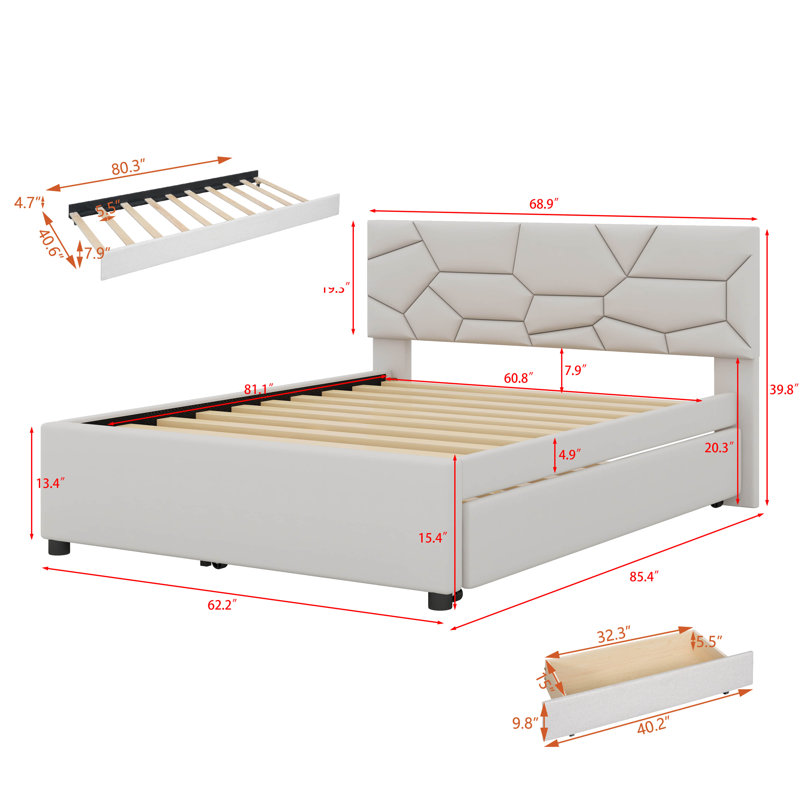 Lit plateforme tapissier avec lit gigogne, Beige, Grand, Tiroirs