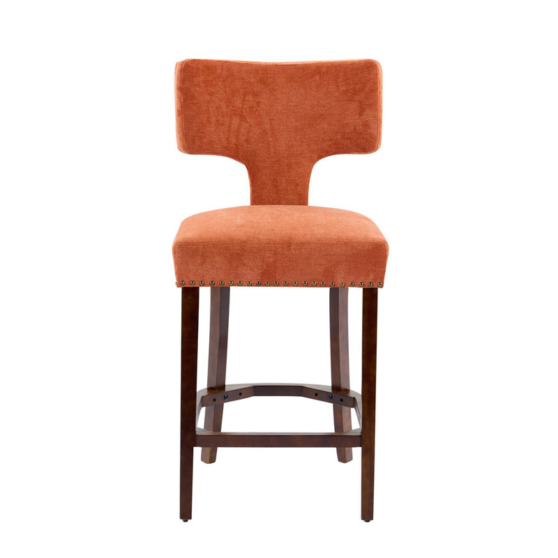 Tabourets de bar Mid-Century modernes à hauteur de comptoir avec clous en cuivre, Orange