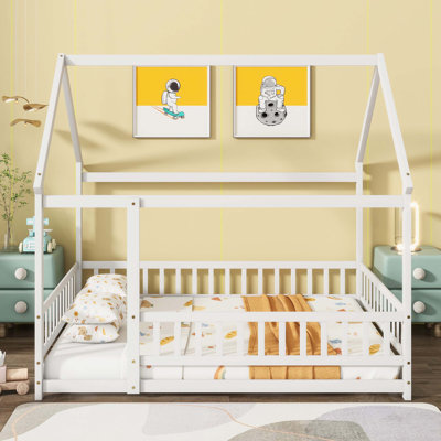 White Solid Wood Waterloo House Floor Bed With Roof Frame And Safety Guardrails