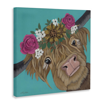 Joyful Cattle with Flower Crown Canvas, design by Ashley Justice