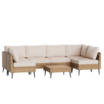 Ensemble de mobilier de patio extérieur, ensemble de canapé de conversation en osier 7 pièces pour canapé modulaire d'extérieur, canapé en rotin toutes saisons avec table et coussins pour le jardin, la piscine, la cour arrière