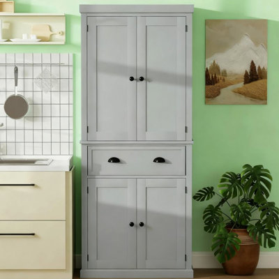 72.5" Gray Freestanding Pantry Cabinet With Reinforced Backboard, Wall Attachments And Ample Space For Silverware Cookware 3 Adjustable Shelves