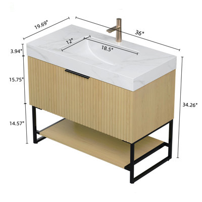 Meuble-lavabo et lavabo 36 po, armoire de rangement autoportante en contreplaqué rayé avec tiroir et tablette ouverte, comptoir en pierre frittée Carrara et vasque en céramique encastrée, pré-assemblé