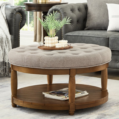 Repose-pieds rond, aspect lin, tablette de rangement ouverte avec coussin de siège, pieds en bois massif, capacité de 300 livres