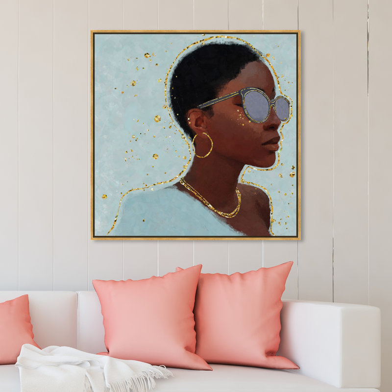 Lunettes de soleil style bleu glam-impression d’art graphique, Encadrement doré, H 16 po x l 16 po x P 1,5 po