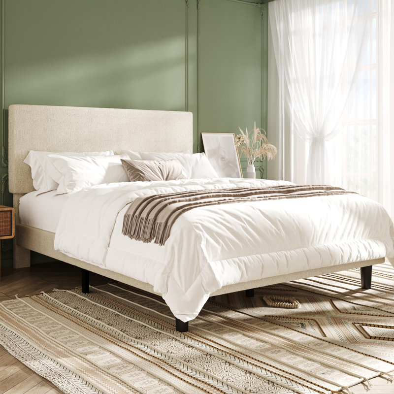 Modern Upholstered Platform Bed Frame With Adjustable Headboard, Textured Bouclé Fabric, Cream, Full