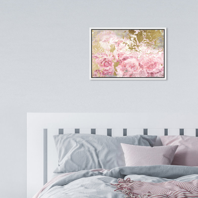 Floral et fleurs de camélias roses et dorées - impression, H 24 po x l 16 po, Cadre blanc