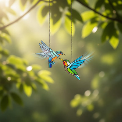 Hummingbird Stained Glass Window Hanging Set Of 2, Handmade Bird Suncatcher Decor For Indoor Windows And Home Display