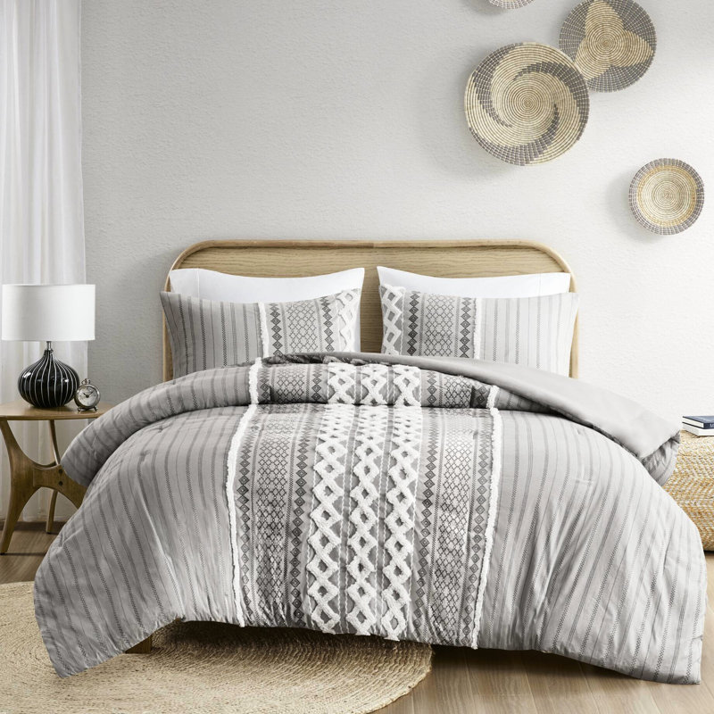 Édredon très grand / très grand en gris, 100% coton avec chenille, motif, rembourrage, 2 taies décoratives assorties, très grand chenille, imprimé gris, ouverture à chevauchement
