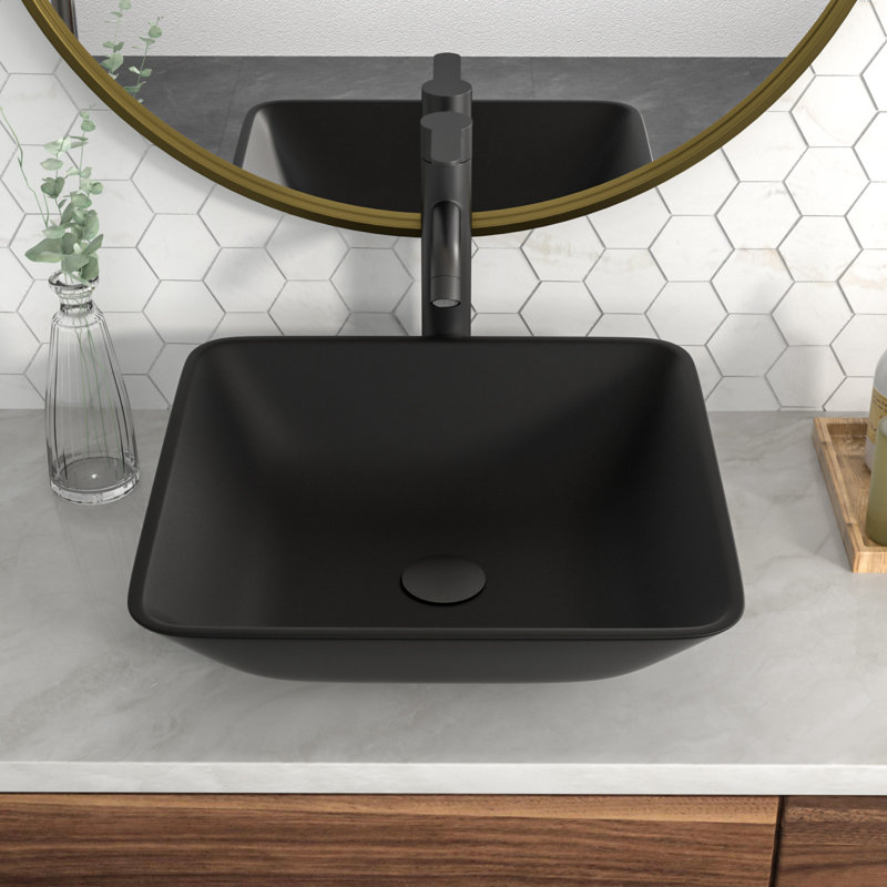 16" Square Matte Black Tempered Glass Vessel Sink