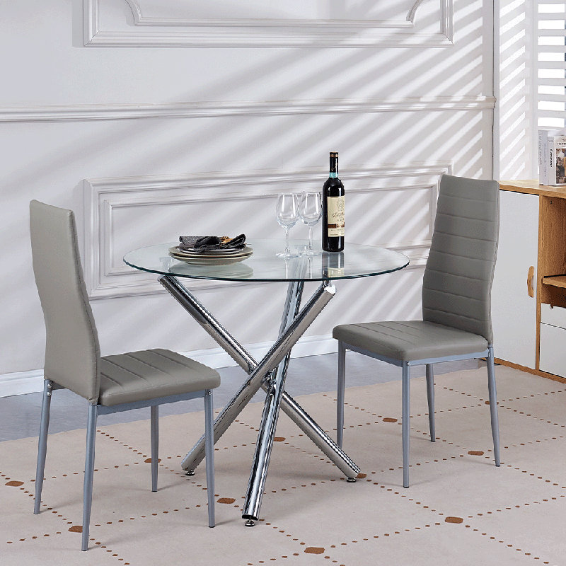 Ensemble de salle à manger rond 3 pièces, ensemble de 2 chaises de table pour la cuisine et la salle à manger, coin repas, plateau de table en verre, argent / gris