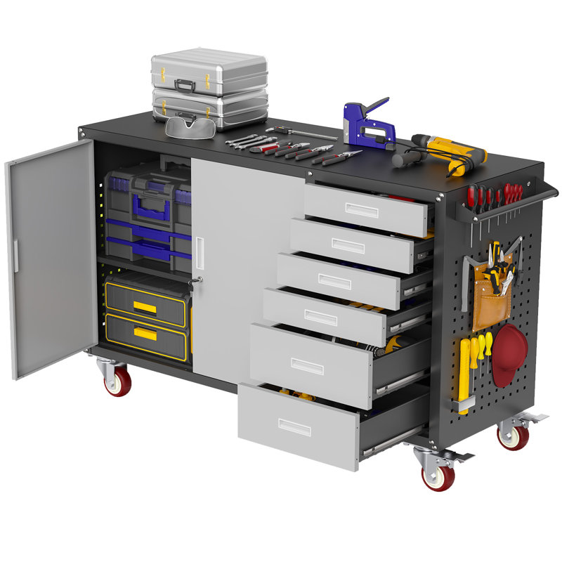 Établi roulant de 55 po de largeur avec 6 tiroirs et armoire de rangement, banc de travail robuste d'une capacité de 1000 lb avec panneau perforé et tablette réglable, établi de garage avec roues pour atelier de réparation