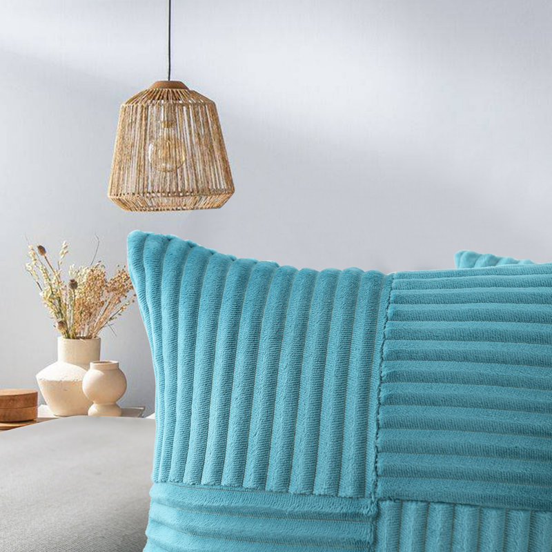 Square Striped Corduroy Soft Flannel Patchwork Pillow Cover, 20" x 20", Teal