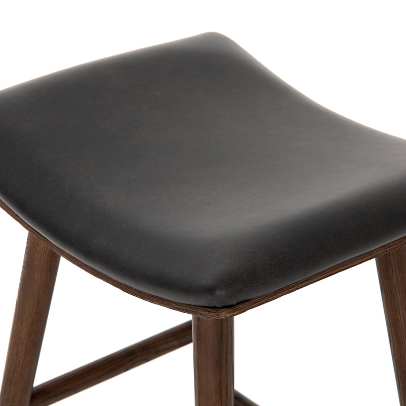 Union Wallis Belfast Solid Wood Stool, Counter Stool (26" Seat Height), Faux Leather - Distressed Black/Warm Parawood