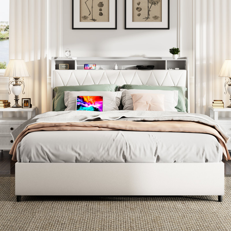 Structure de lit double avec tablette de rangement, tête de lit, prises de courant, sommeil tranquille, sans sommier, chambre à coucher en métal blanc essentiel