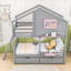 Lit superposé simple en bois en forme de maison avec tiroirs de rangement et fenêtre-689982960