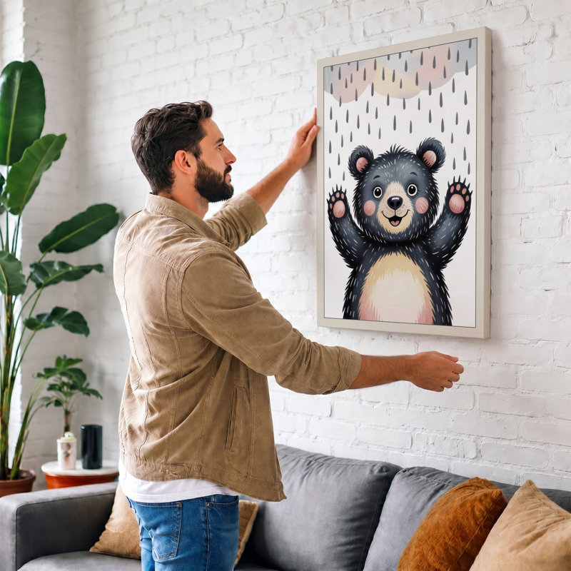 Bear In The Rain Boho - Print, 30x20 - 76.2 x 50.8 cm, Taupe Border