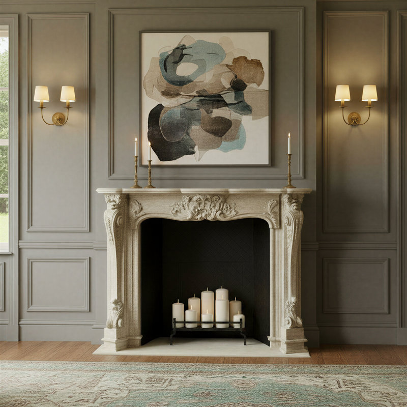 Decorative Wood Fireplace Mantel Ornate, Off White