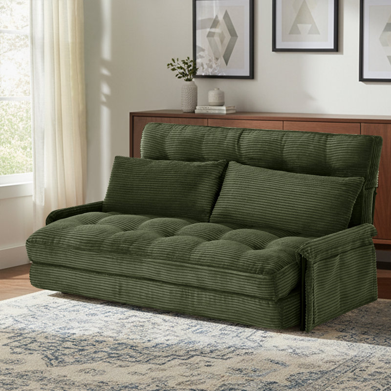 Convertible Futon Sofa Bed With Adjustable Backrest Pillows,Folding Loveseat Sleeper Sofa,Corduroy Pull Out Couches With Side Pocket For Living Room Bedroom Lounge,Green