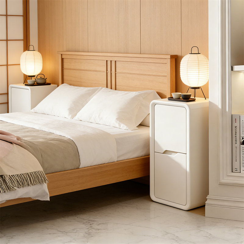 No-Assembly Narrow 2-Drawer Nightstand | Mid-Century Modern Cream White Faux Leather Bedside Table for Small Spaces
