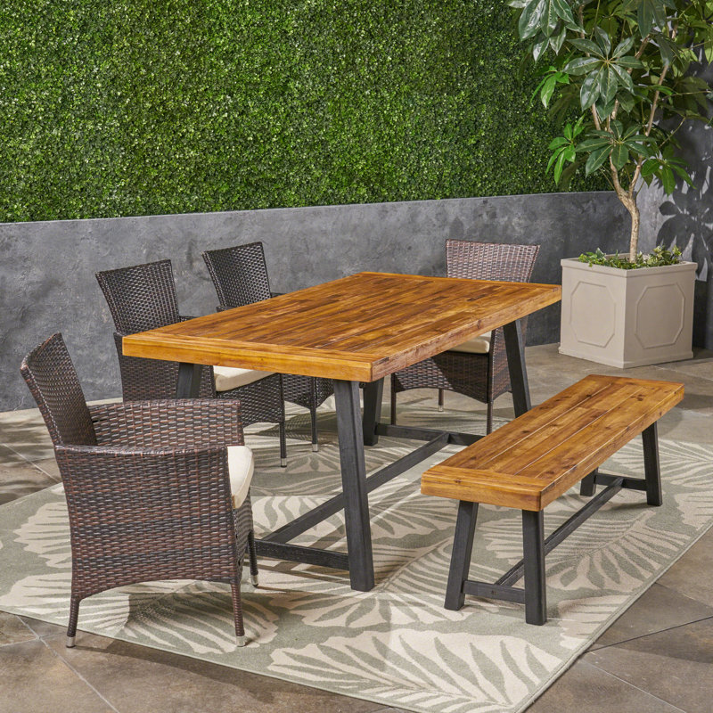 Loyce 6 - Person Acacia Wicker Patio Dining Set with Rectangular Table , Cushions Included, Beige