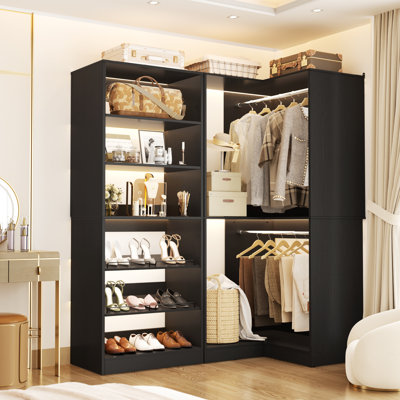 Freestanding Wood Closet System with Hanging Rods and Shoe Storage
