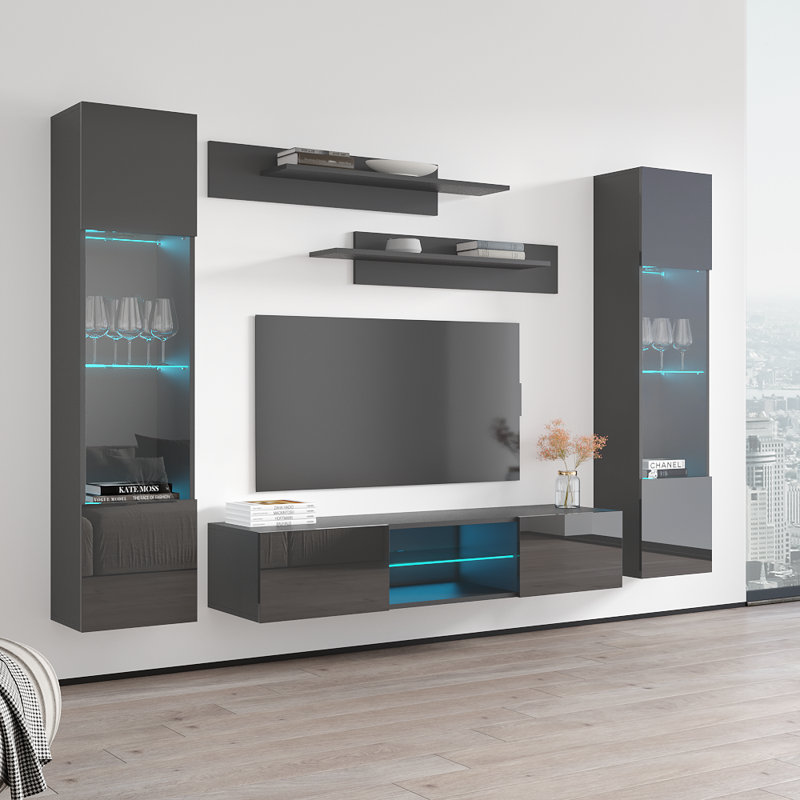 Meuble audio-vidéo mural flottant 100 "avec éclairage 16 couleurs DEL, finition brillante Entertainment, Gris