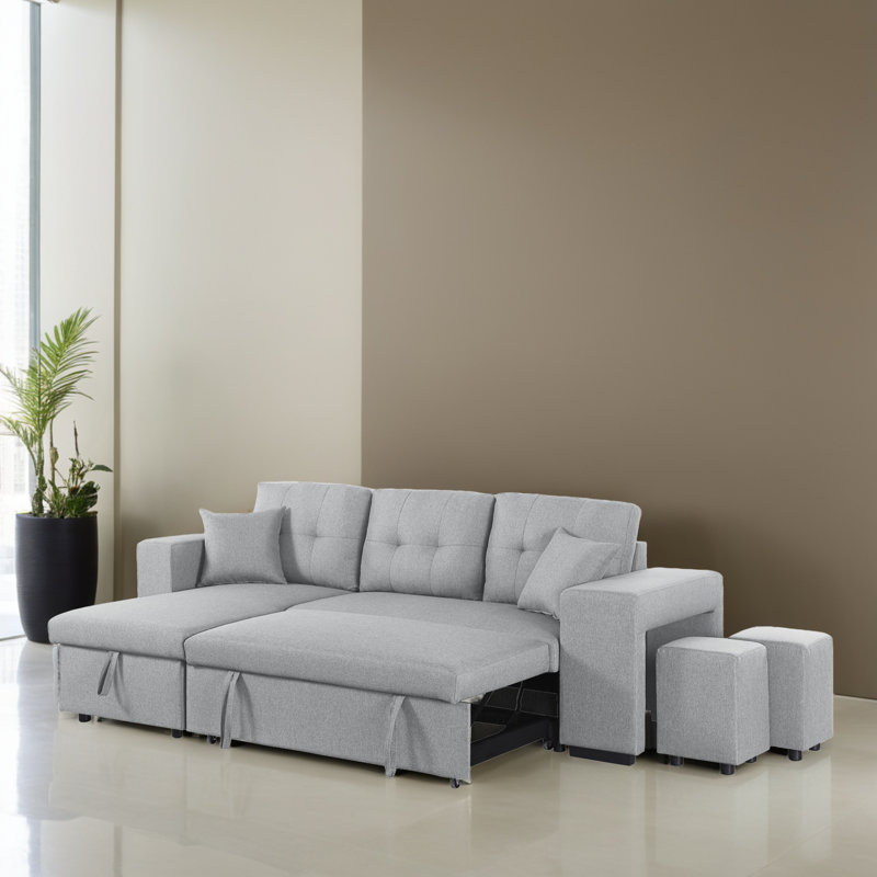 Upholstered 95.32 " Linen L-Shaped Sofa Bed with Ottoman, Light Gray Linen