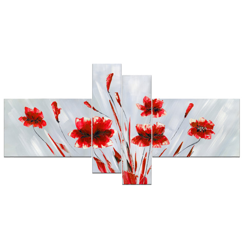 Ensemble de 4 impressions sur toiles tendues à motif floral vif rouge