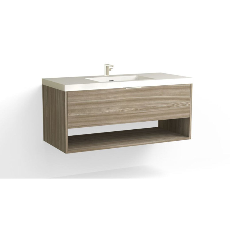 Modo 48" W Wall Mounted Single Bathroom Vanity, Glossy White/8" Widespread, Polished Nickel, Nocino
