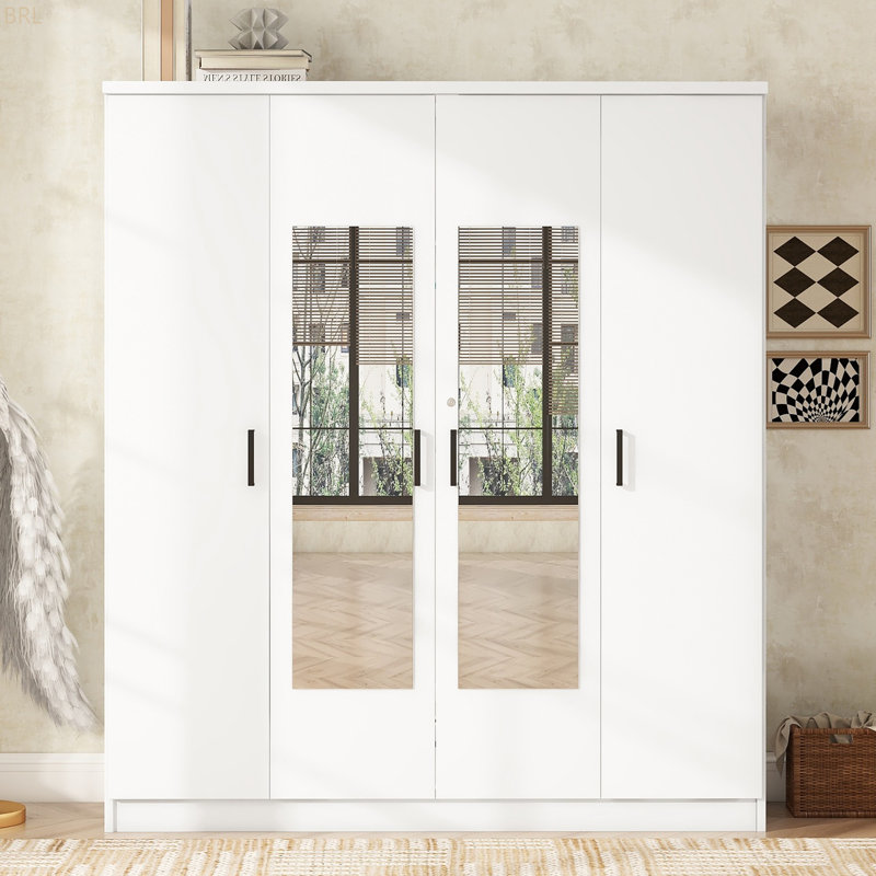 4-Door Mirror Wardrobe With Shelves, White