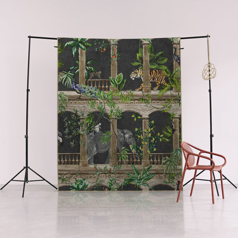 Multi-Coloured Zoo Concept Tiger, Elephant, and Vine Patterned Modern Decorative Rug, Runner 3'11" x 9'10"