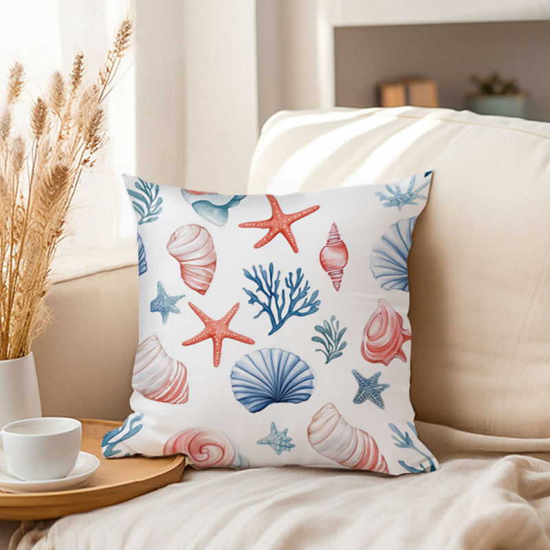 Housse de coussin nautique Beach and Coastal Seashells, Carré 18 po, Blue/Red Nautical/Beach 5