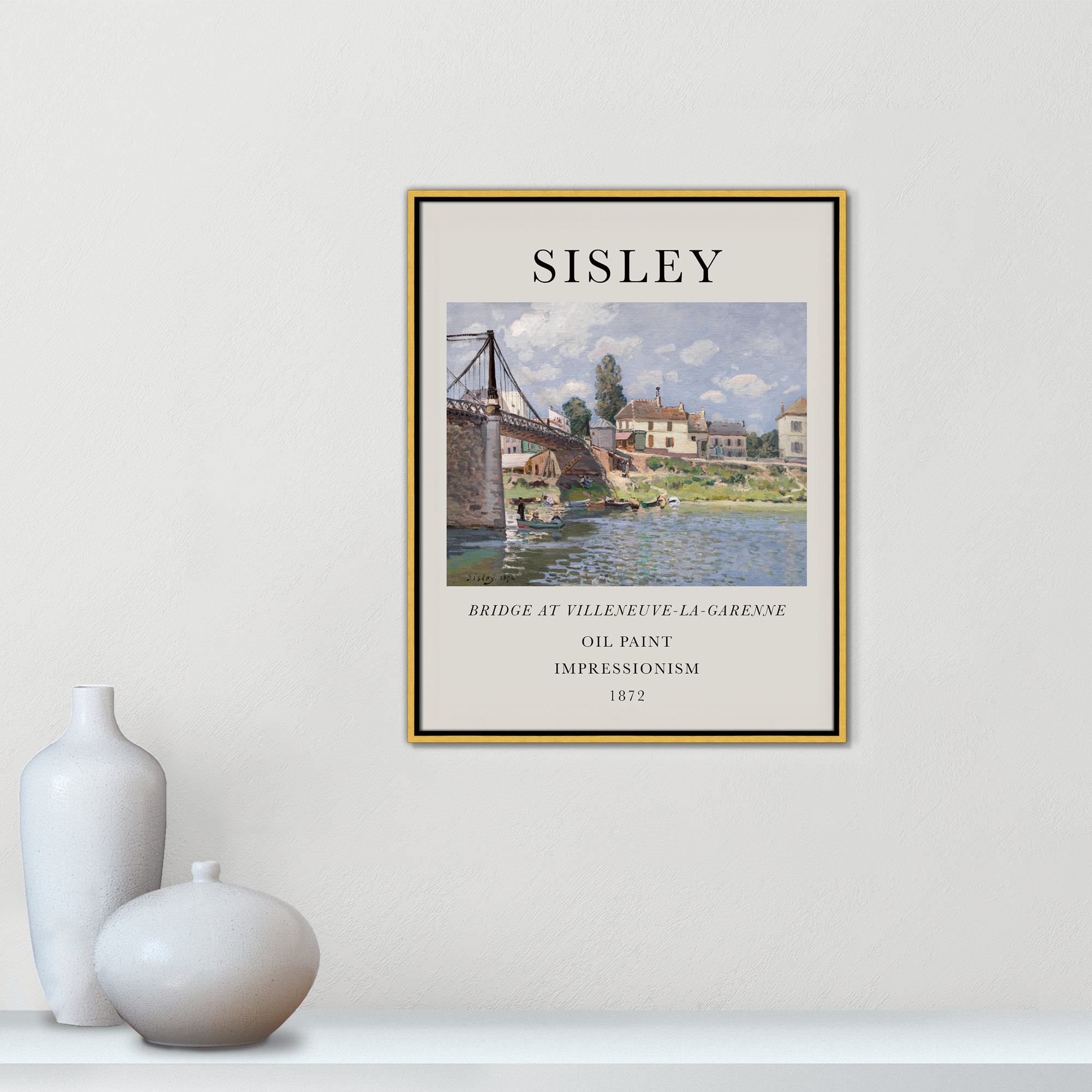 Old Masters Collection " The Bridge At Villeneuve " by Alfred Sisley, Gold Floater Frame, No, 29.5" H x 23.5" W x 2" D