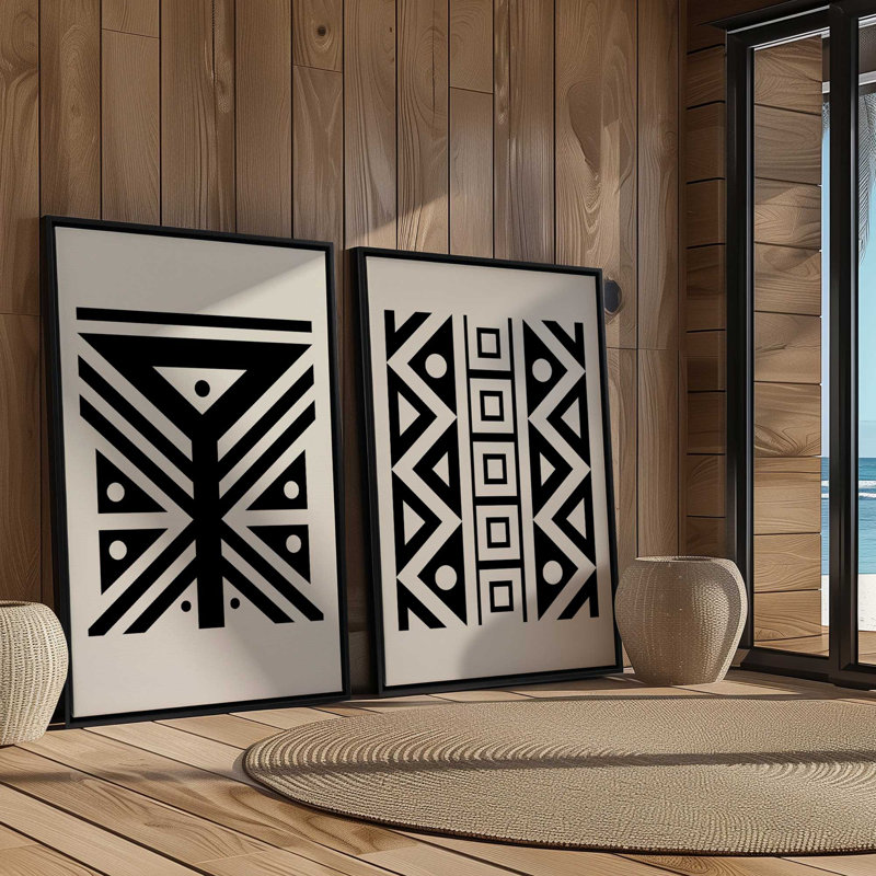 Ensemble de 2 motifs tribaux modernes en noir, Cadre flottant noir satiné, H 19 po x l 26 po
