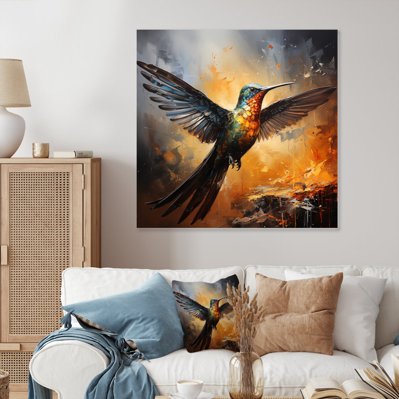 Colibri à plumes, flamme 1 - Art mural en métal avec colibri, H 16 po x l 16 po